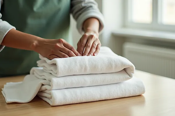 Hands carefully folding a stack of fresh white towels on a wooden surface