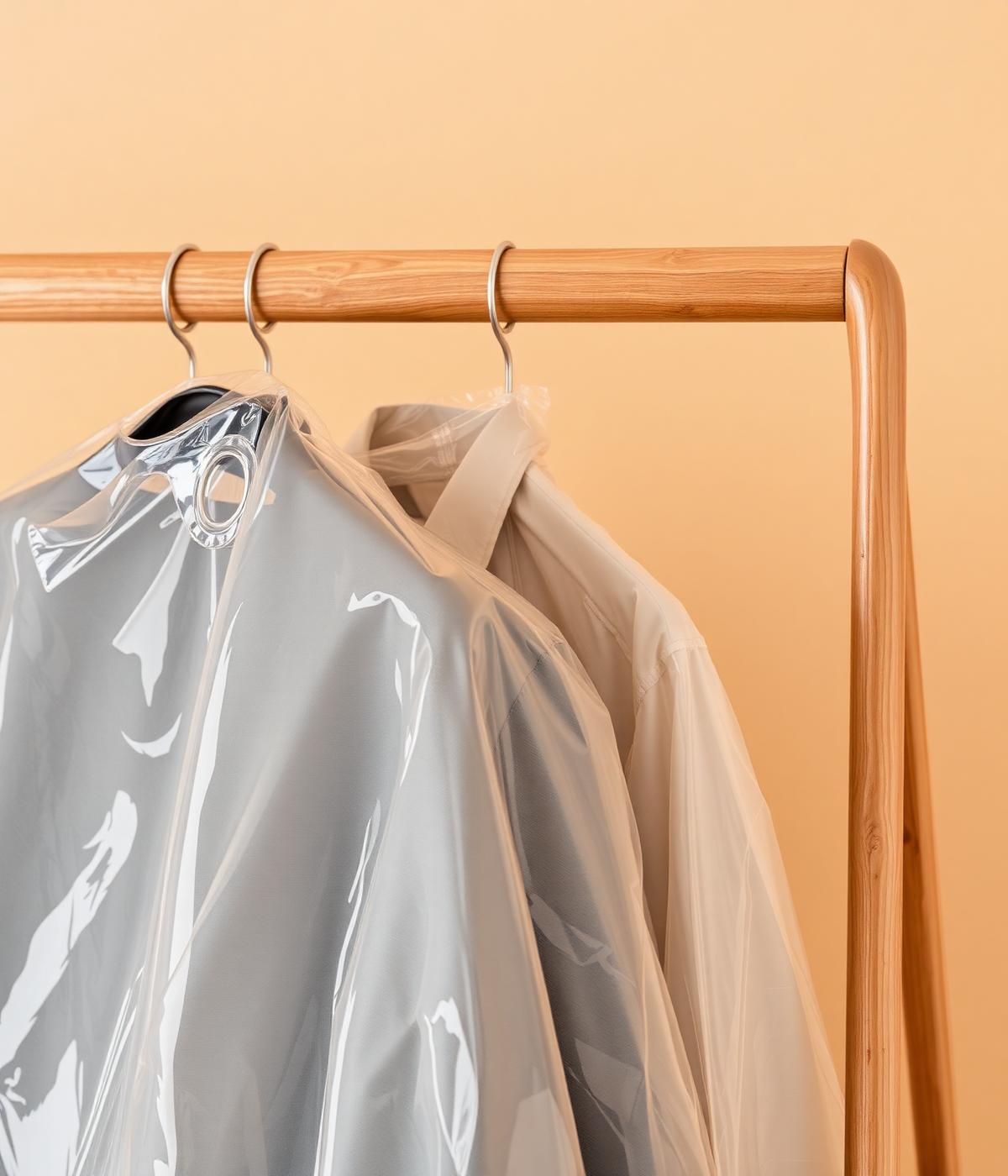 Dry-cleaned garments hanging in protective covers on a wooden rail