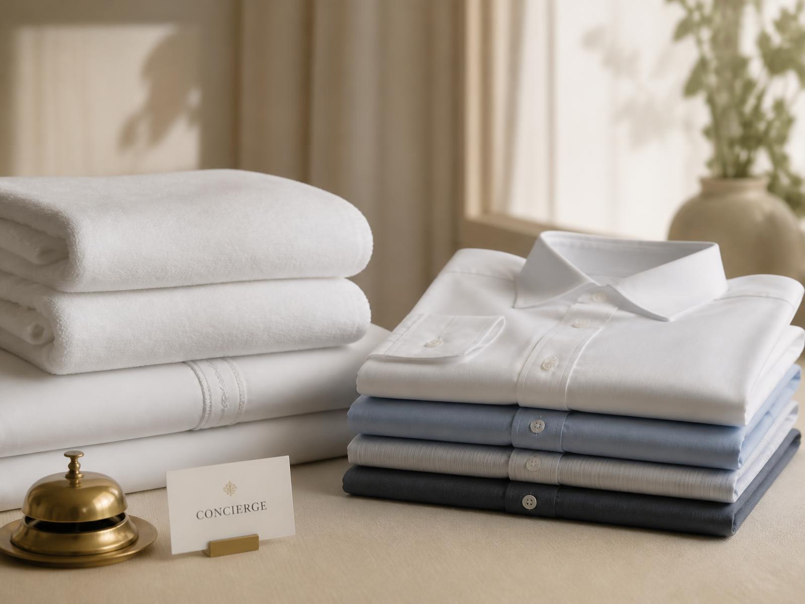 Freshly pressed shirts and folded white hotel linens on a concierge counter